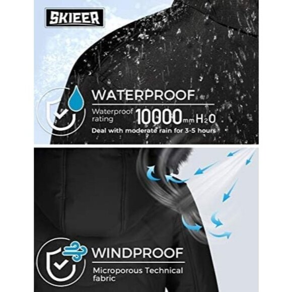 Women's Puffer Ski Hooded Jacket Black Faux Fur Winter Warm Waterproof Coat - Picture 6 of 6